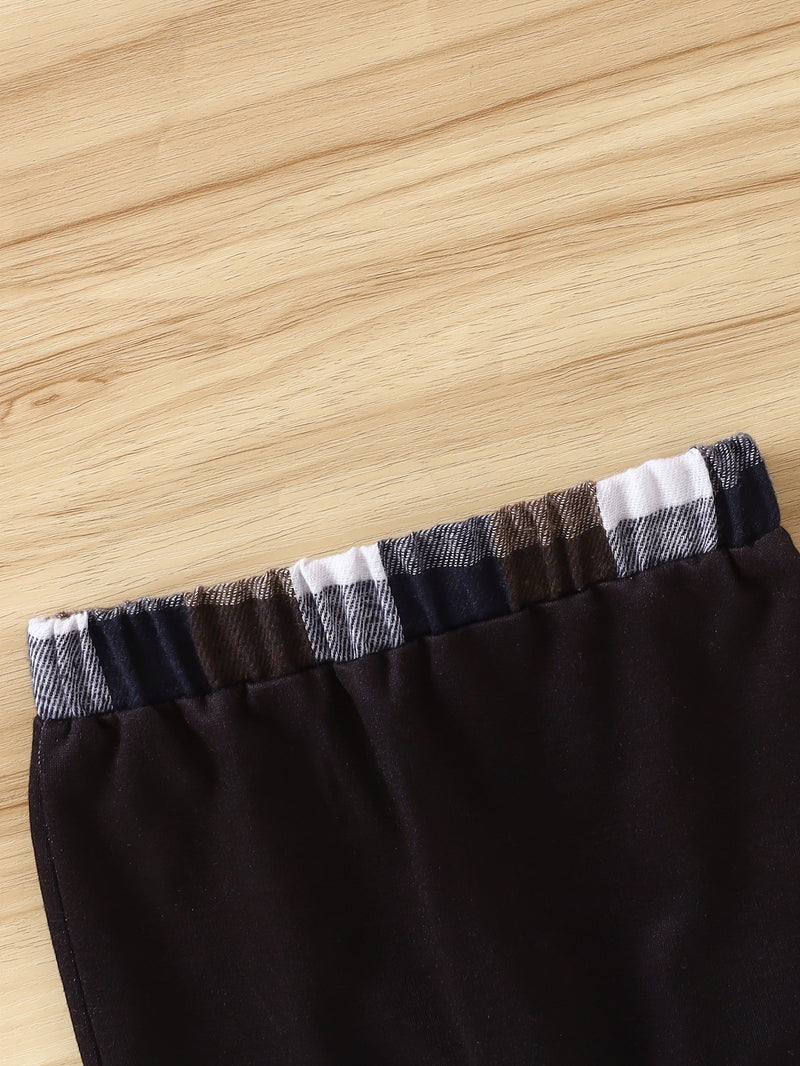 2pcs Boys Cotton Plaid Lapel Collar Button-Front Lapel Shirt & Pocket Pants.