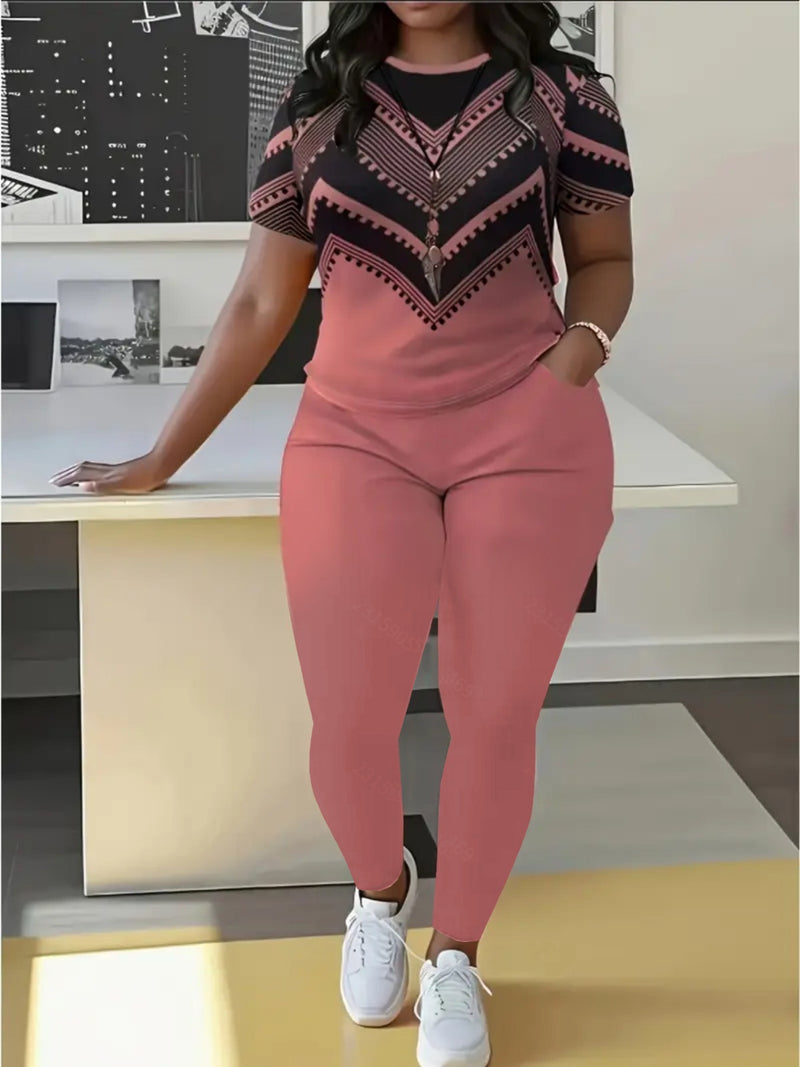 Women's Short-Sleeve Round-Neck Top And Long Pants.