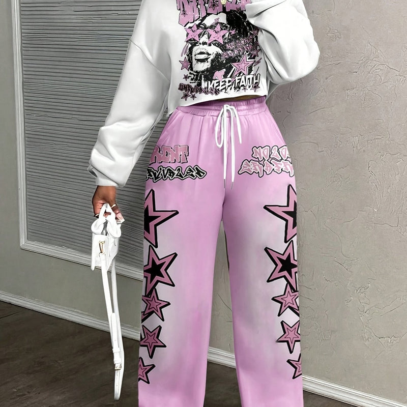 Fashion Women's Long-sleeve Sweatshirt and Pants Set with Star Print.