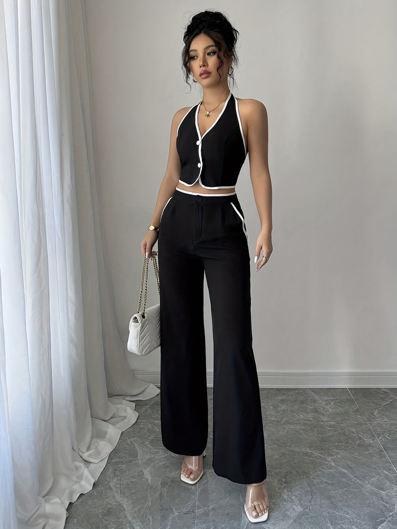 2pcs Women's Commuter Solid Color Short Sleeve Sleeveless Top and Pants.