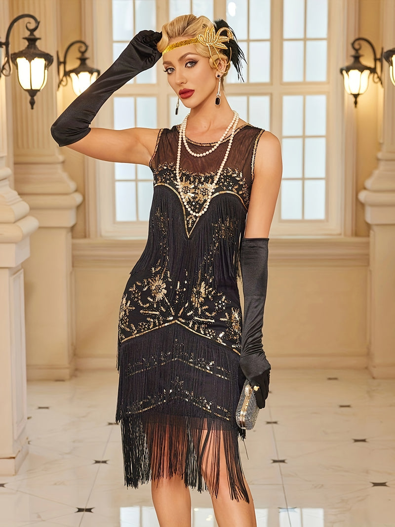 Women’s Vintage Sequin Dress Gatsby Ball Fringe Gown Party Banquet Dance Dress.