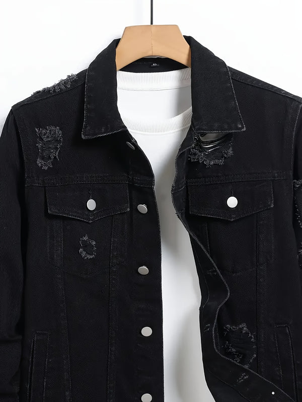 Men's Black Vintage-Washed Denim Two-Piece Set.