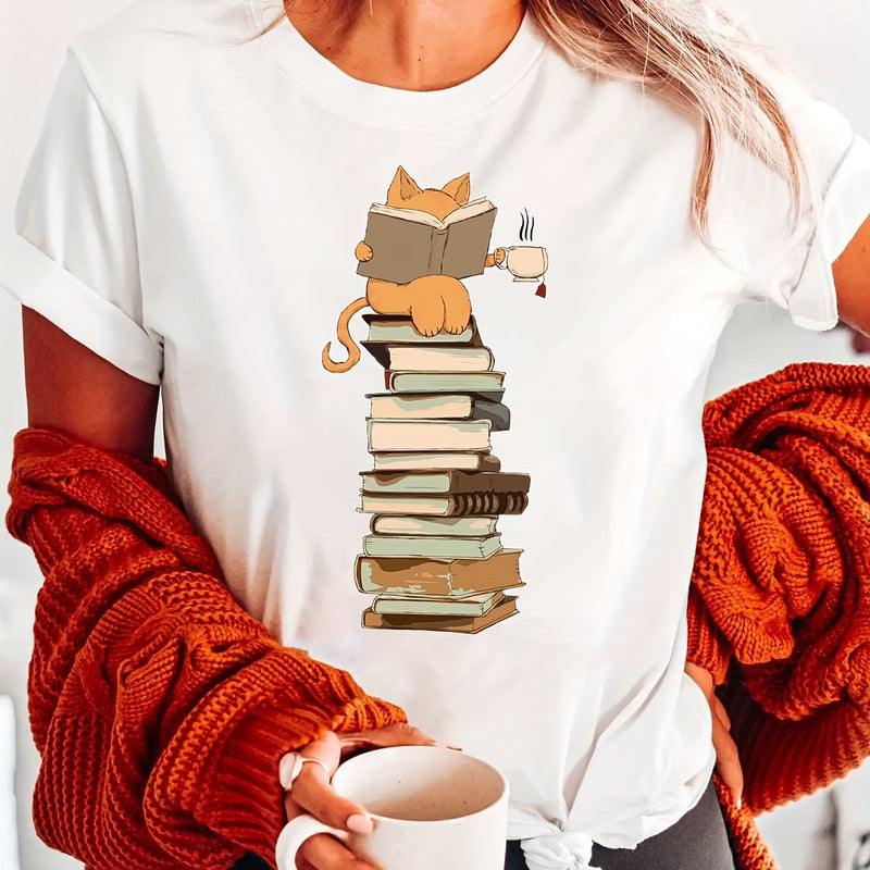 Women's Kawaii Cat & Books T-Shirt.