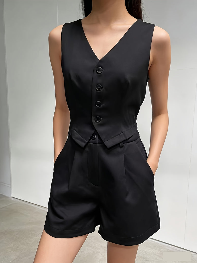 A Solid Color V-Neck Tank Top And Shorts Set for Women.