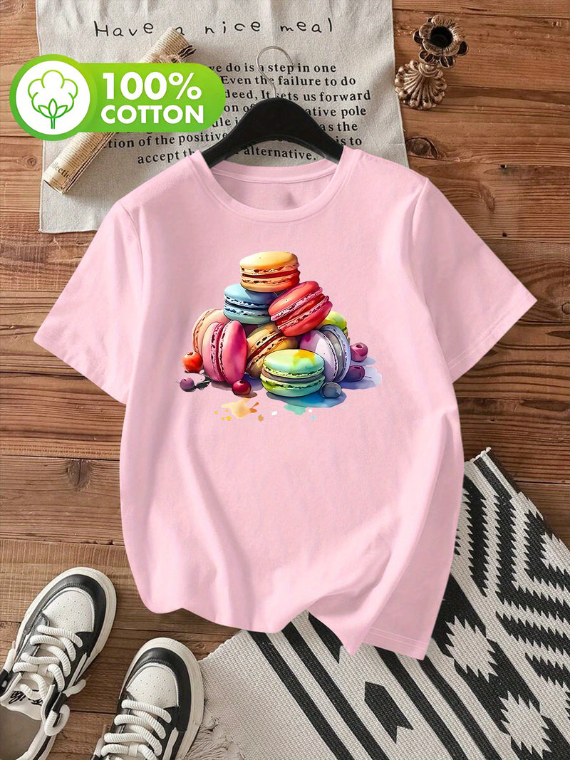 Women's Stylish Macaron Print Round Neck Short Sleeve T-Shirt.