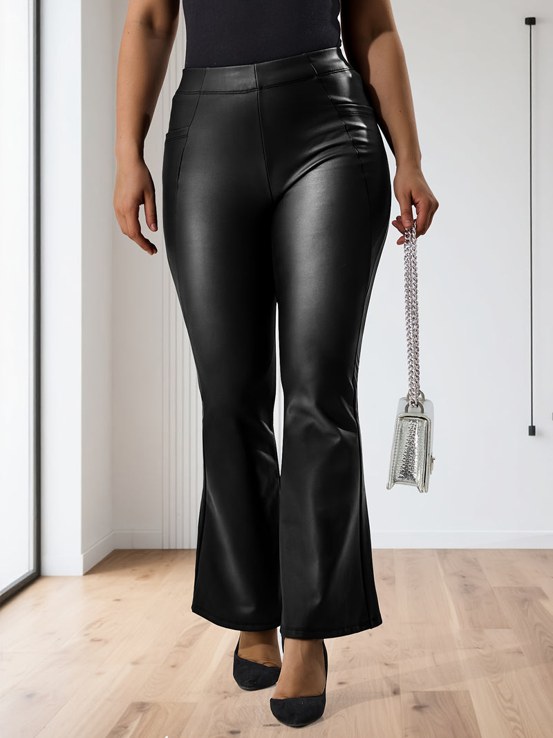 Women's Plus-Size Fleece-Lined Faux Leather Flared Pants.