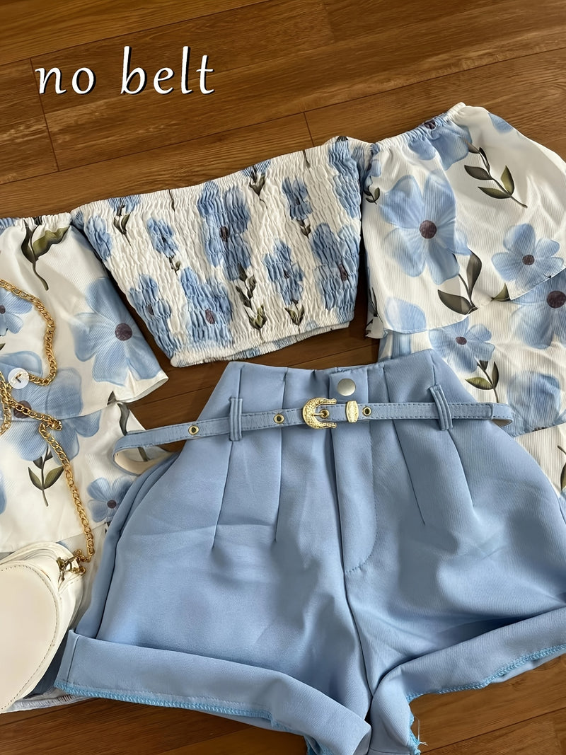 2pcs Set Elegant Floral Off-the-Shoulder Top.