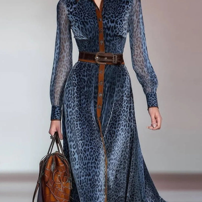 Women’s Mesh Digital Print Shirt Collar Cardigan with Belt Long Dress.