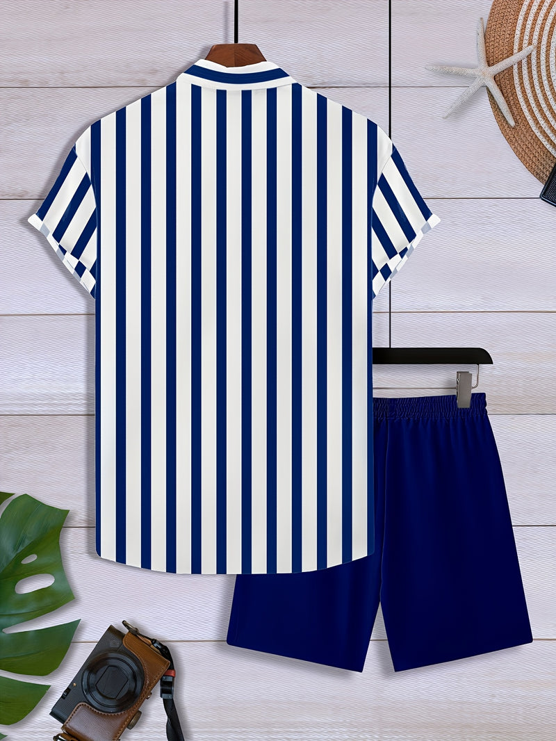 Men's Fashion 2pcs Set Blue and White Vertical Striped Button.