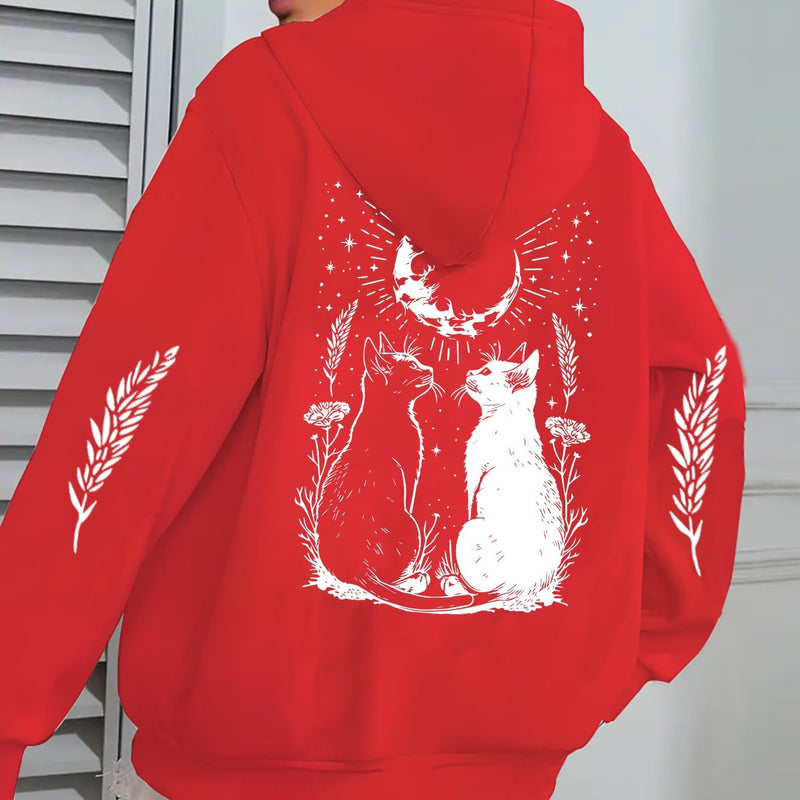 Cat Print Casual Zip-up Hoodie with Pockets.