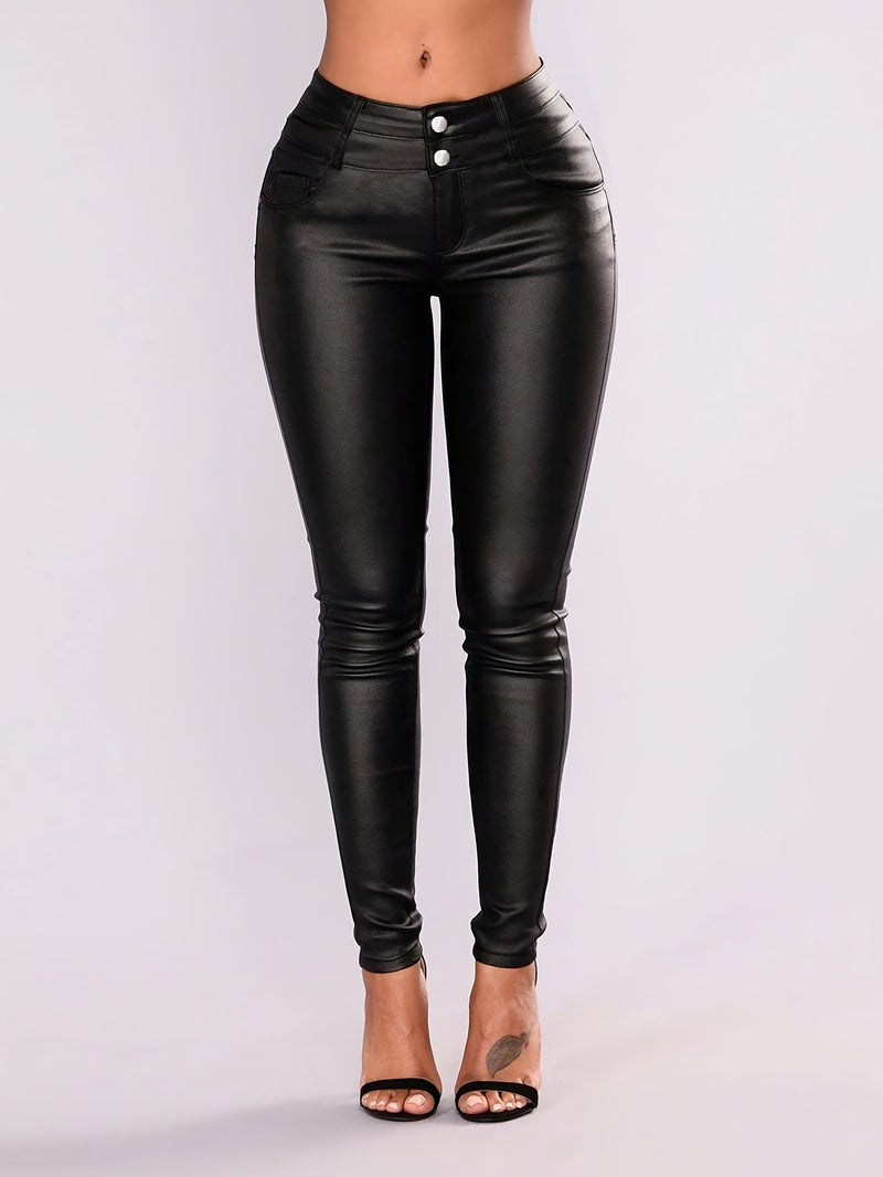 High-Waisted Women's Long Pants Made of Faux Leather.