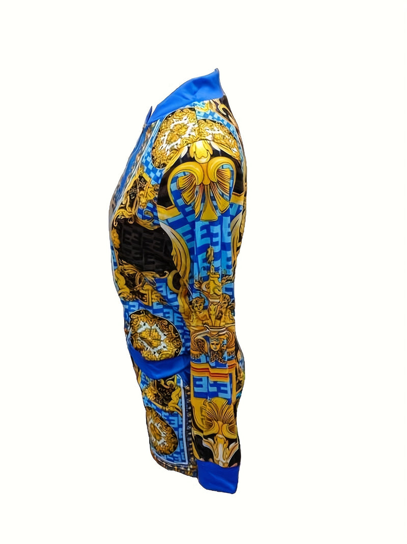 Women’s Floral Print Elegant Shorts Set, Long Sleeve V-neck Zip Up Jacket.