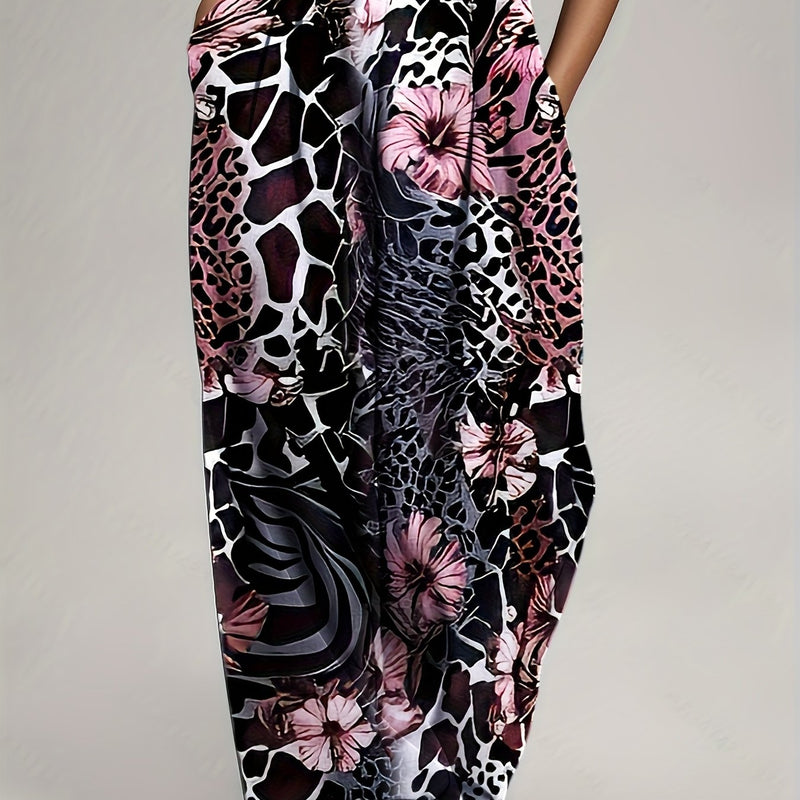 Women's Bohemian Floral & Animal Print High-Waisted Wide-Leg Pants.