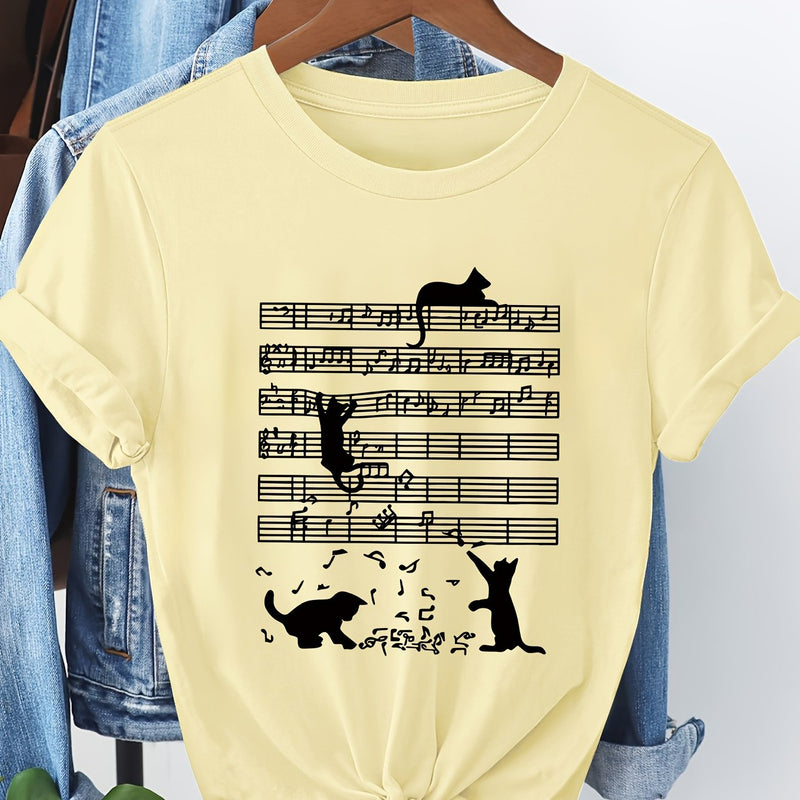Women's Casual Short Sleeve T-Shirt with Music Note & Cat Print.