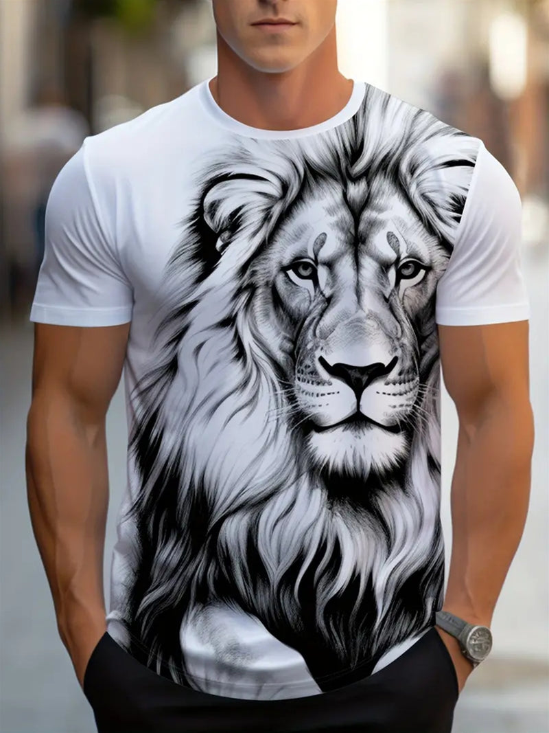 Men’s T-shirt Streetwear Featuring a 3D Print Lion Graphic.