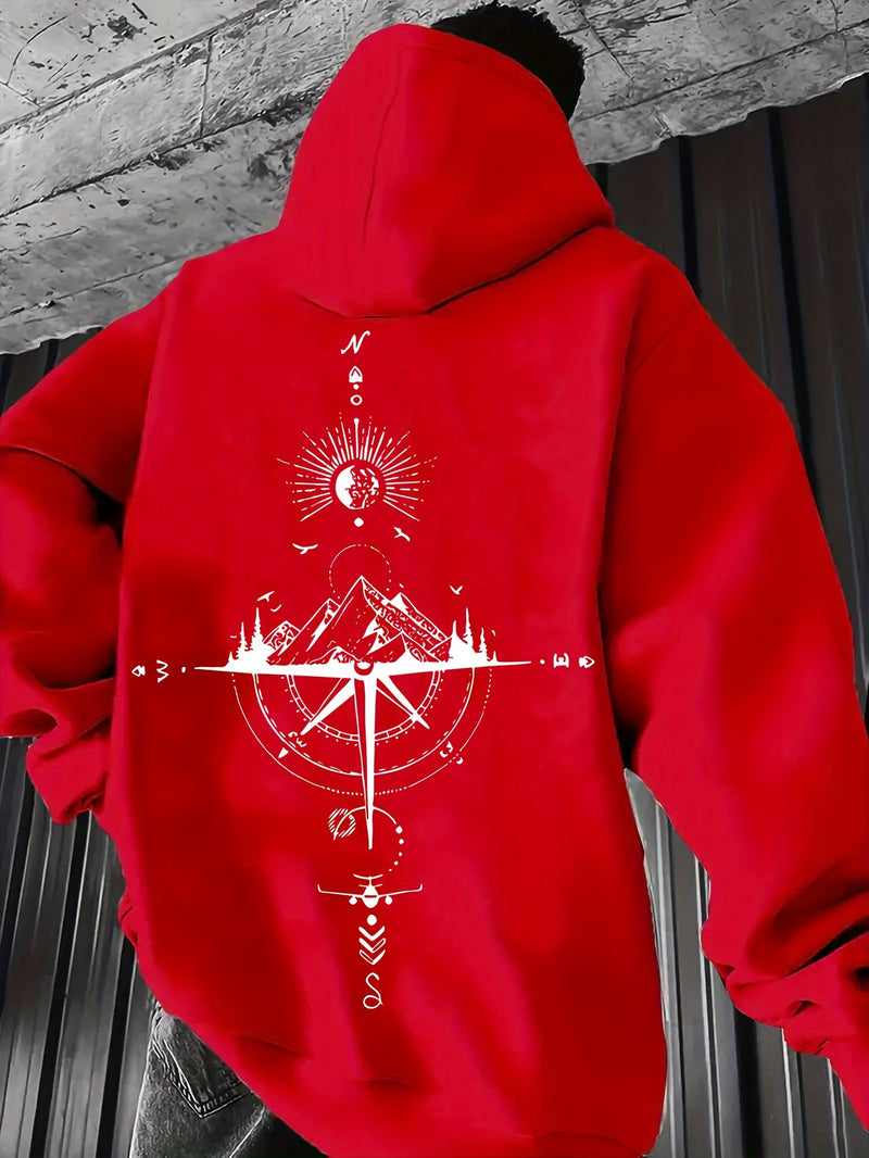 Men's Autumn/Winter Compass Print Hooded Sweatshirt.