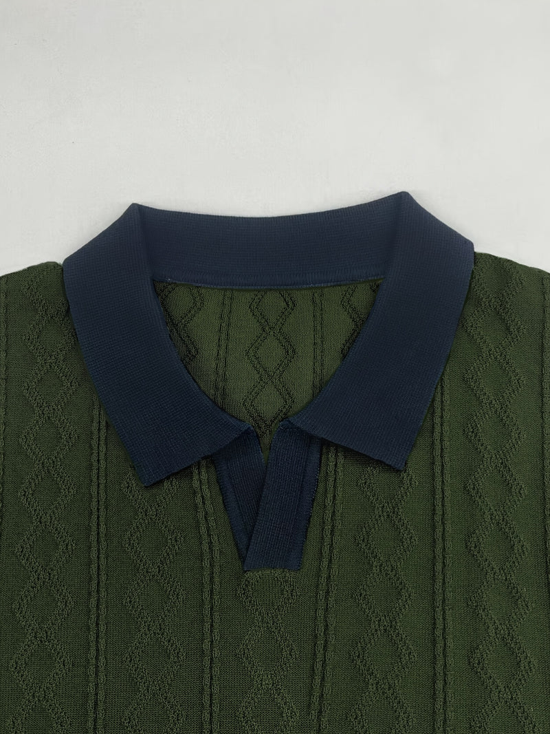 Men's Knit Casual T-Shirt, Fashionable Contrast Color Design.