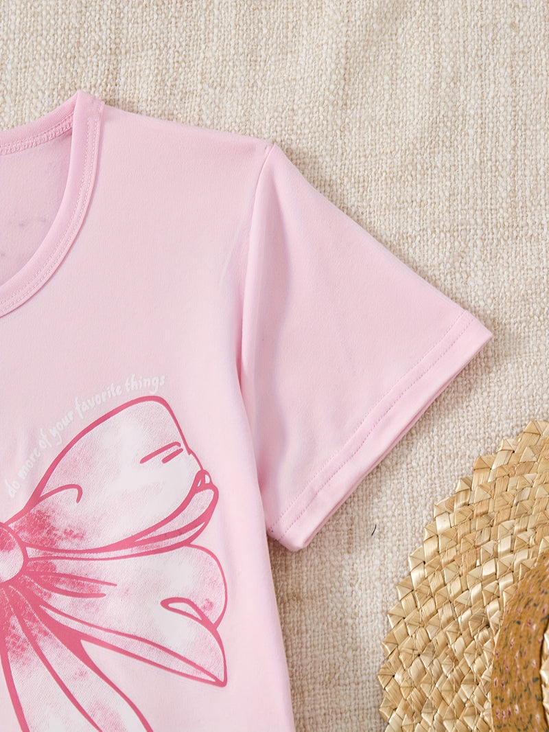 Summer Denim Set, Pink Printed T-Shirt + Black Bow Shorts Two-Piece Outfit.