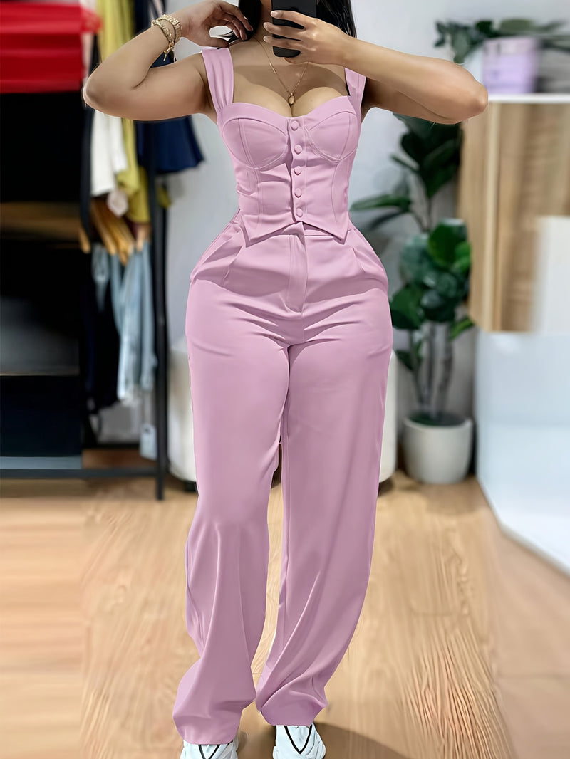 Women’s Elegant Two-Piece Set with Thick Straps And Buttoned Front.