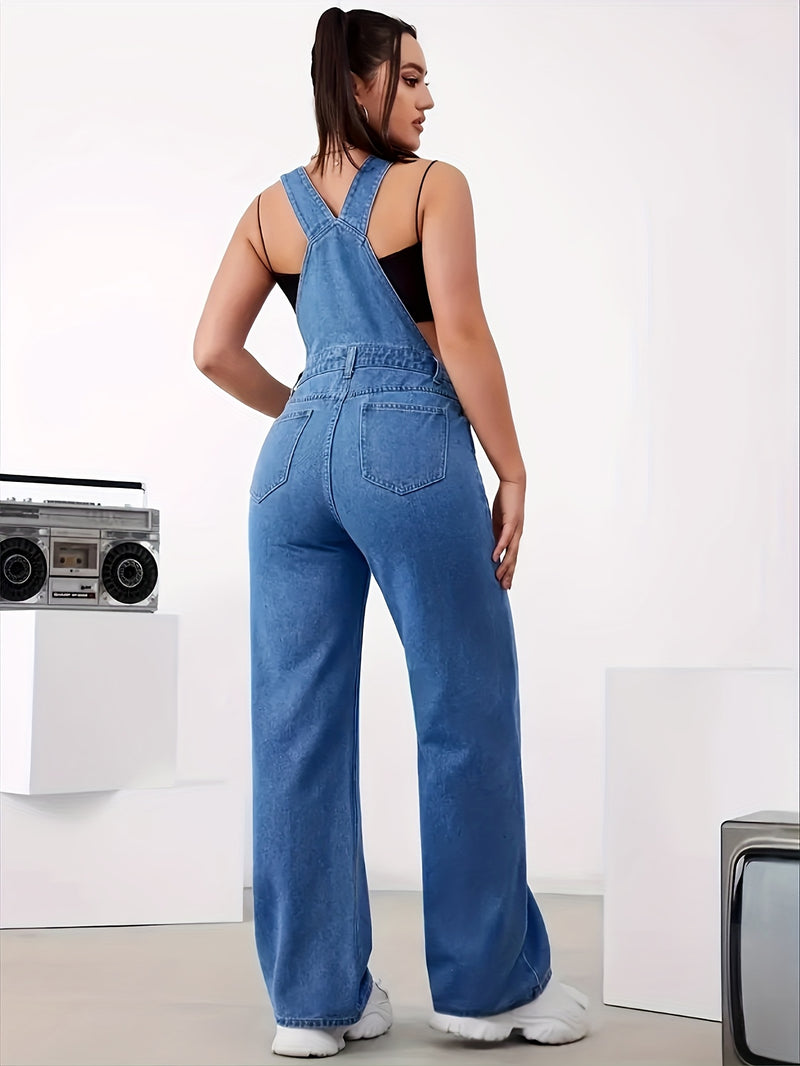 Women's Suspender Wide-Leg Pants, Solid Color Casual.