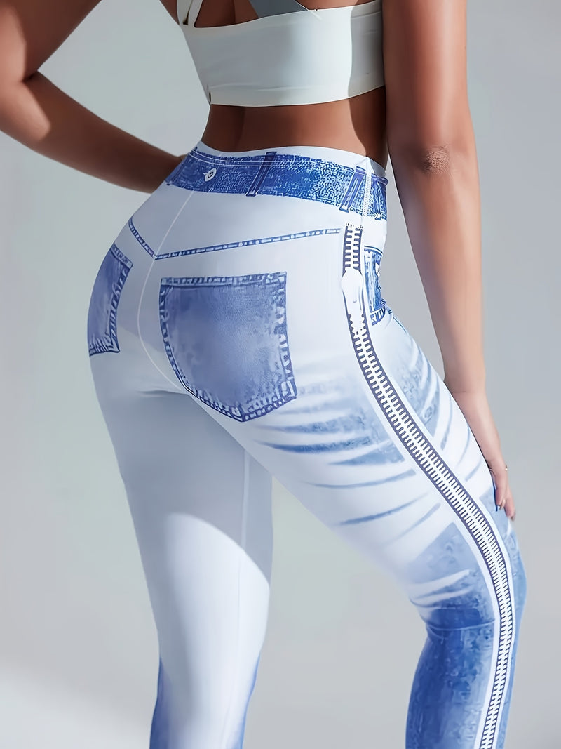 Not Denim Fabric Women's Long Pants Imitation Denim Printed Tights.