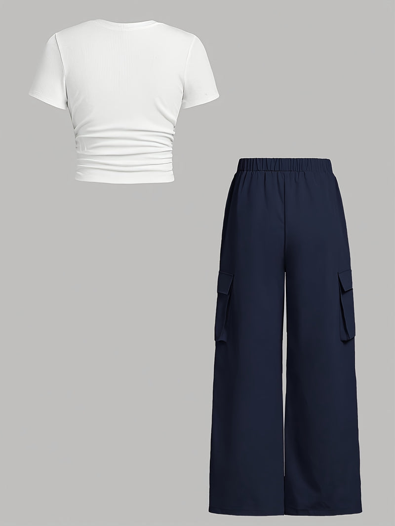 Directional Round Neck Short Sleeve T-Shirt and Work Pants Set.