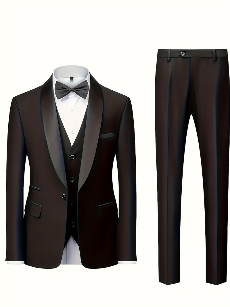 Men's 3pcs Suit with Notch Lapel, Business Formal Set, Includes Jacket.