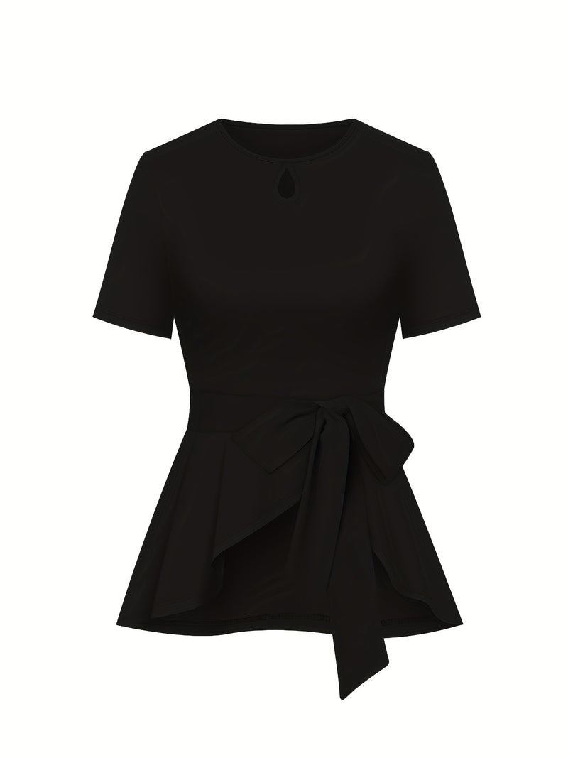 Women's elegant suit solid color round neck short sleeve tie bow top.