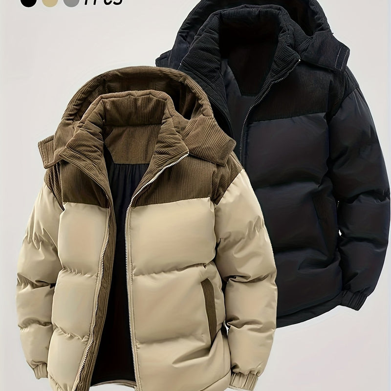 Men'S Thickened Winter Jacket with Corduroy Patchwork And Hood.