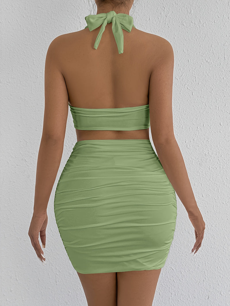 NBC41-11 Halter Neck Tie-Up Hip-Wrapping Skirt Two-Piece Set.