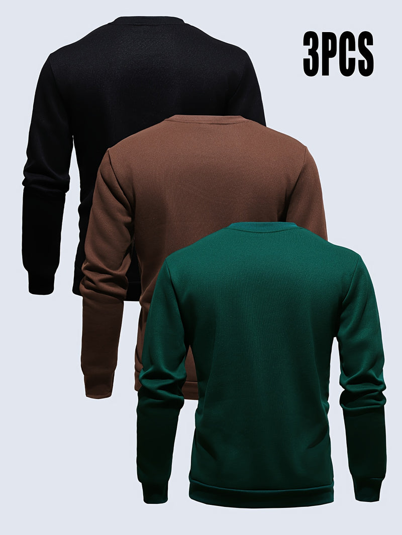 3pcs mixed color Men's autumn and winter round neck sweatshirt.