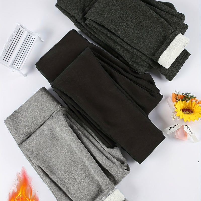 3pcs -Lined Solid Color Skin-Tight Leggings, Autumn/Winter.