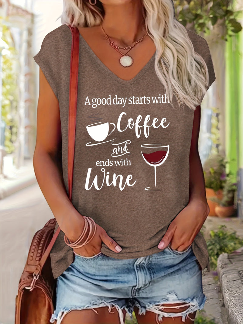 Women’s Comfortable V-Neck Short-Sleeve T-Shirt Features a Print.