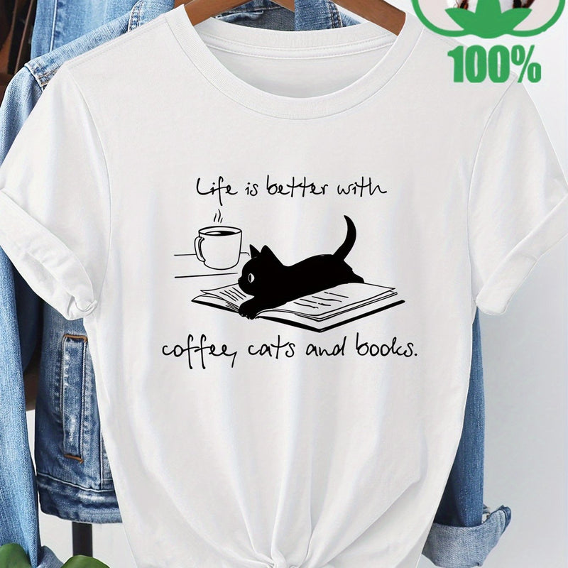 Women’s T-Shirt with a Coffee, Cat, And Book Pattern.