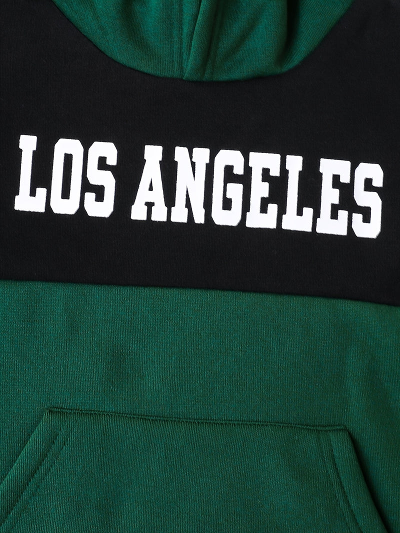 2pcs Boys Autumn/Winter Fleece-Lined Hooded Sweatshirt and Pants Set.