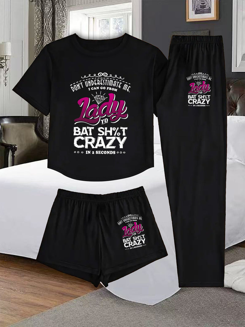 A Three-Piece Women's Loungewear Set, Featuring a Printed Design.
