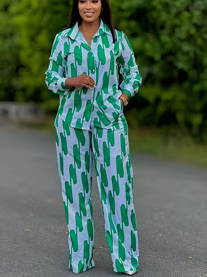 Women's Spring Summer Autumn Casual Button Long Sleeve Shirt Wide Leg Pants.