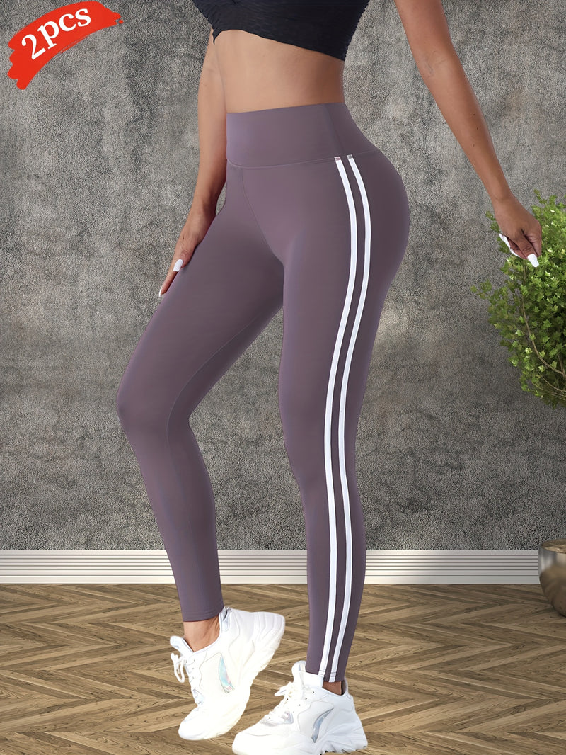 2pcs Women's Side Stripe Yoga Pants, High-Waisted Outdoor Sports Leggings.