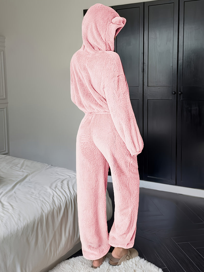 Women's Khaki Fluffy Casual Loose Double-Sided Fleece Set.