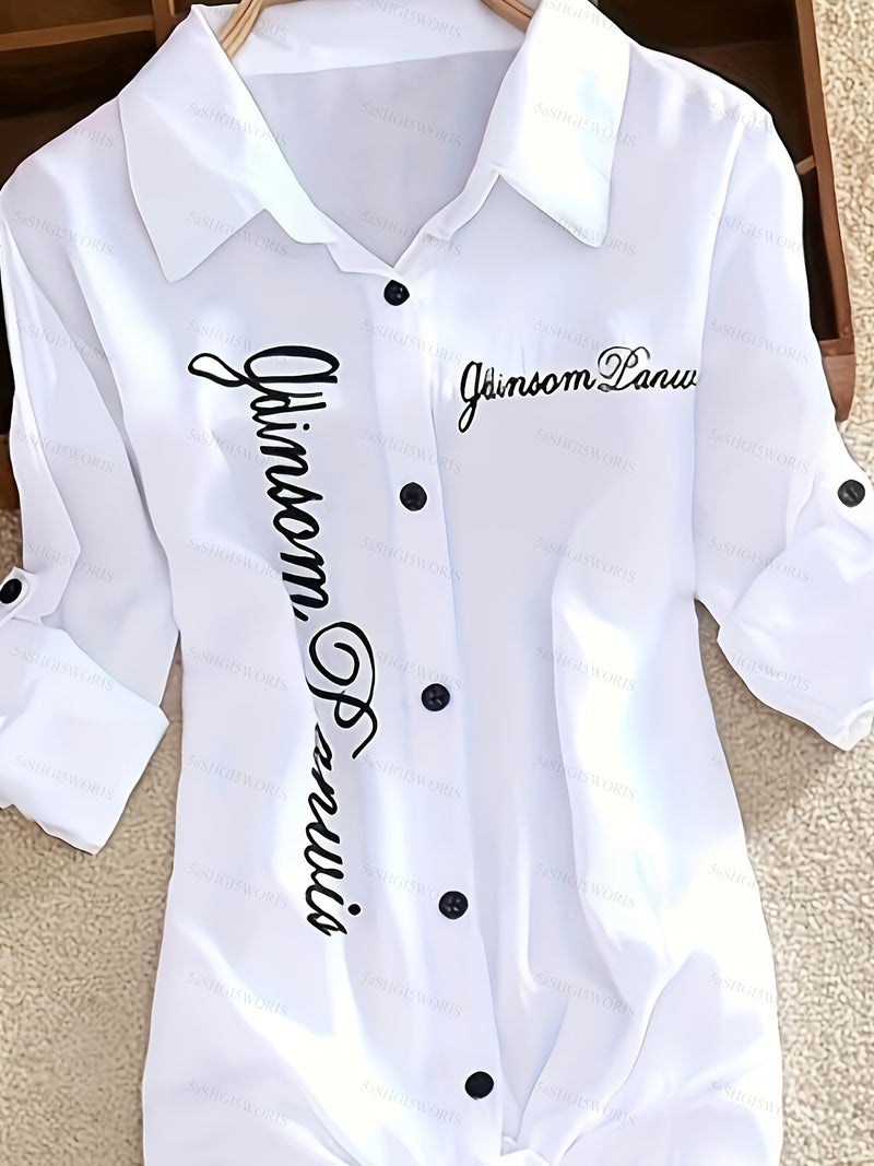 The Lady's Shirt Is White with Black Letters.