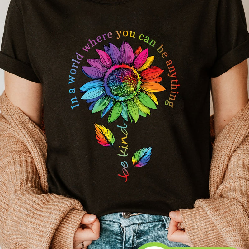 Women's Inspirational Rainbow Sunflower Graphic T-Shirt.