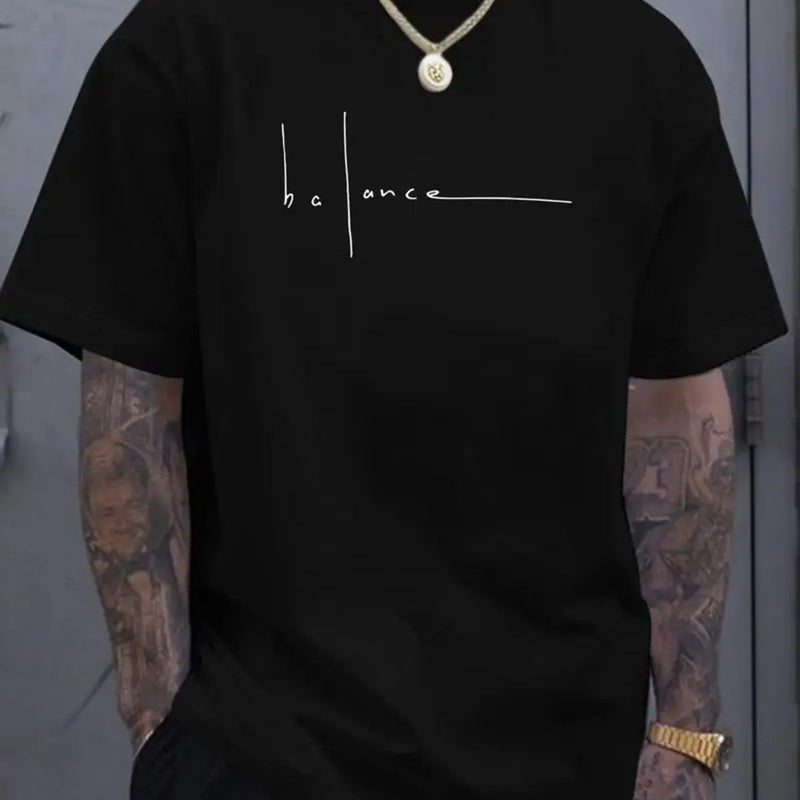Men's Cotton T-Shirt with Balance Line Art & Minimalist Cursive Lettering.