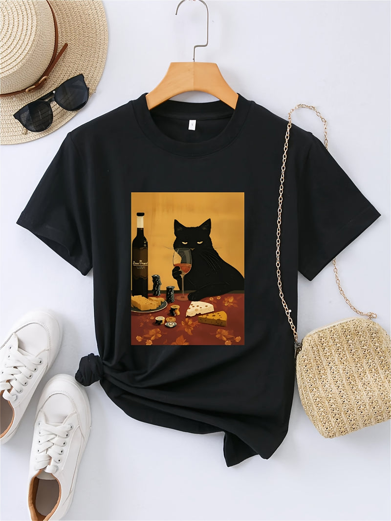 Women’s T-shirt Female Drinking and Eating Cheese Cat Pattern.