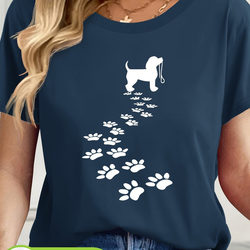 Women's Casual Short Sleeve T-Shirt with Dog Silhouette & Paw Print Graphic.