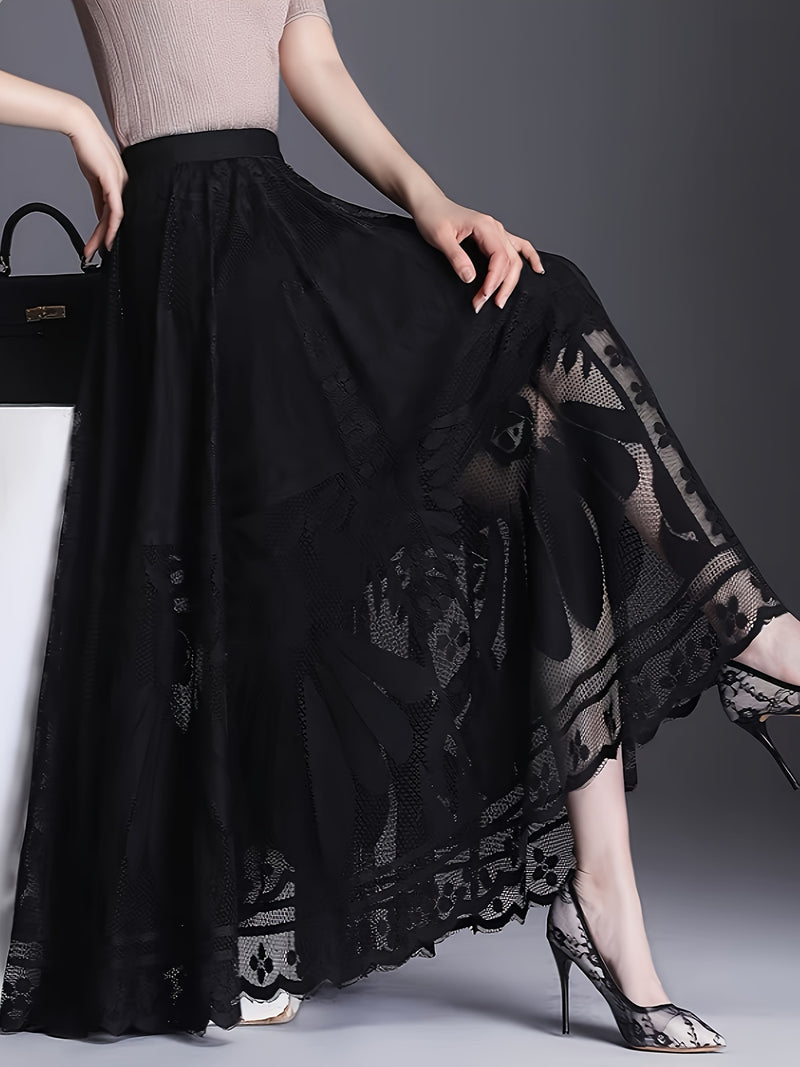 Elegant Women's A-Line Lace Skirt - Long Pleated Design.