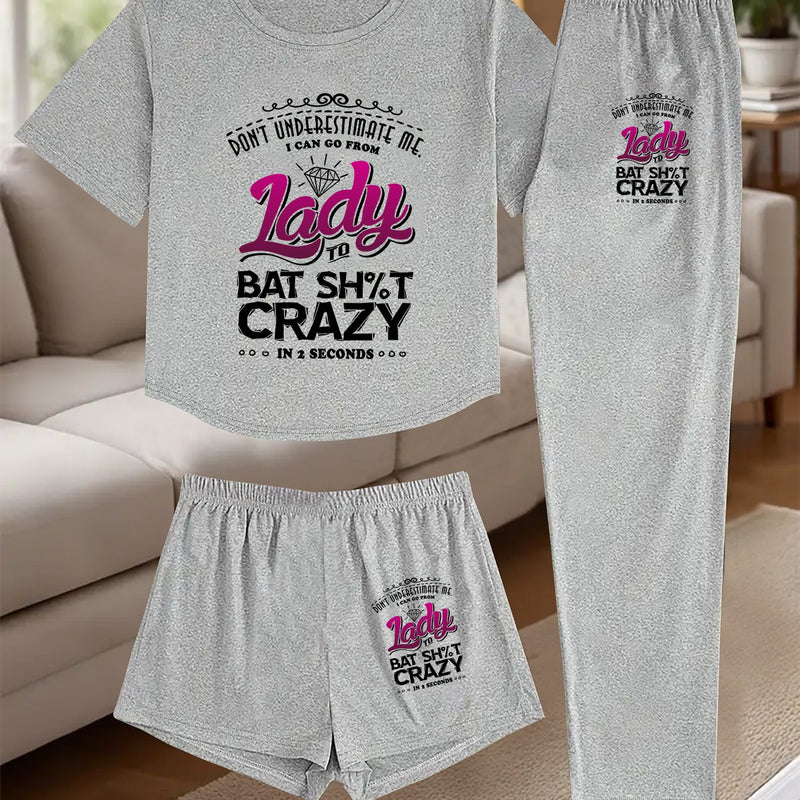 A Three-Piece Women's Loungewear Set, Featuring a Printed Design.