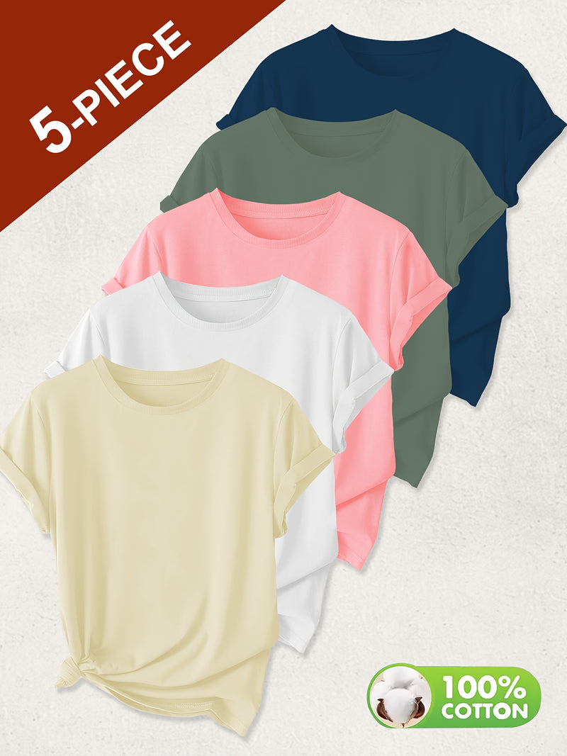 5pcs Women’s Solid Color Pure T-Shirts.