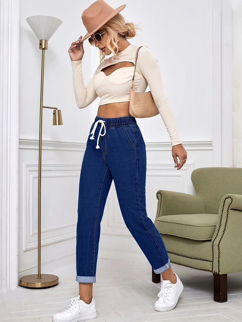Women's Ankle-Length Pants with Rolled Cuffs, Stretchy Elastic Denim Jeans.