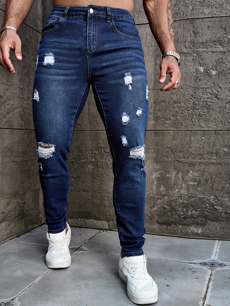 Men's Skinny Ripped Jeans Medium Stretch, Solid Color, All-Season Fit.