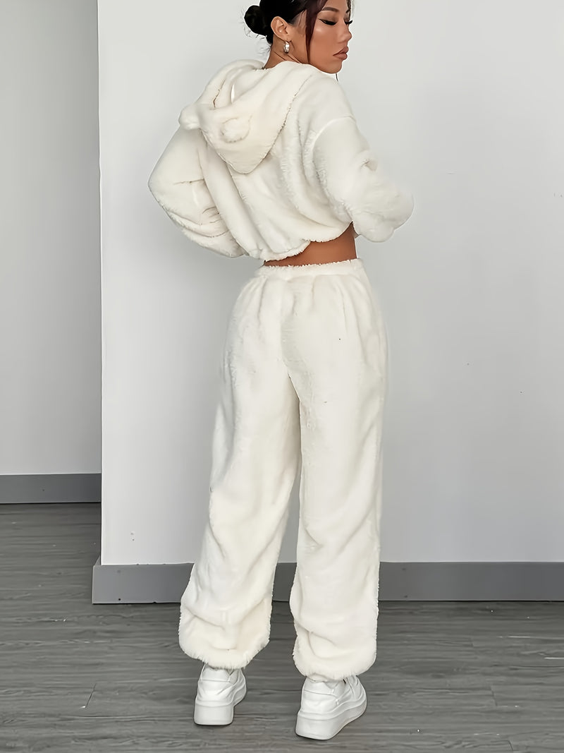 Women's Khaki Fluffy Casual Loose Double-Sided Fleece Set.